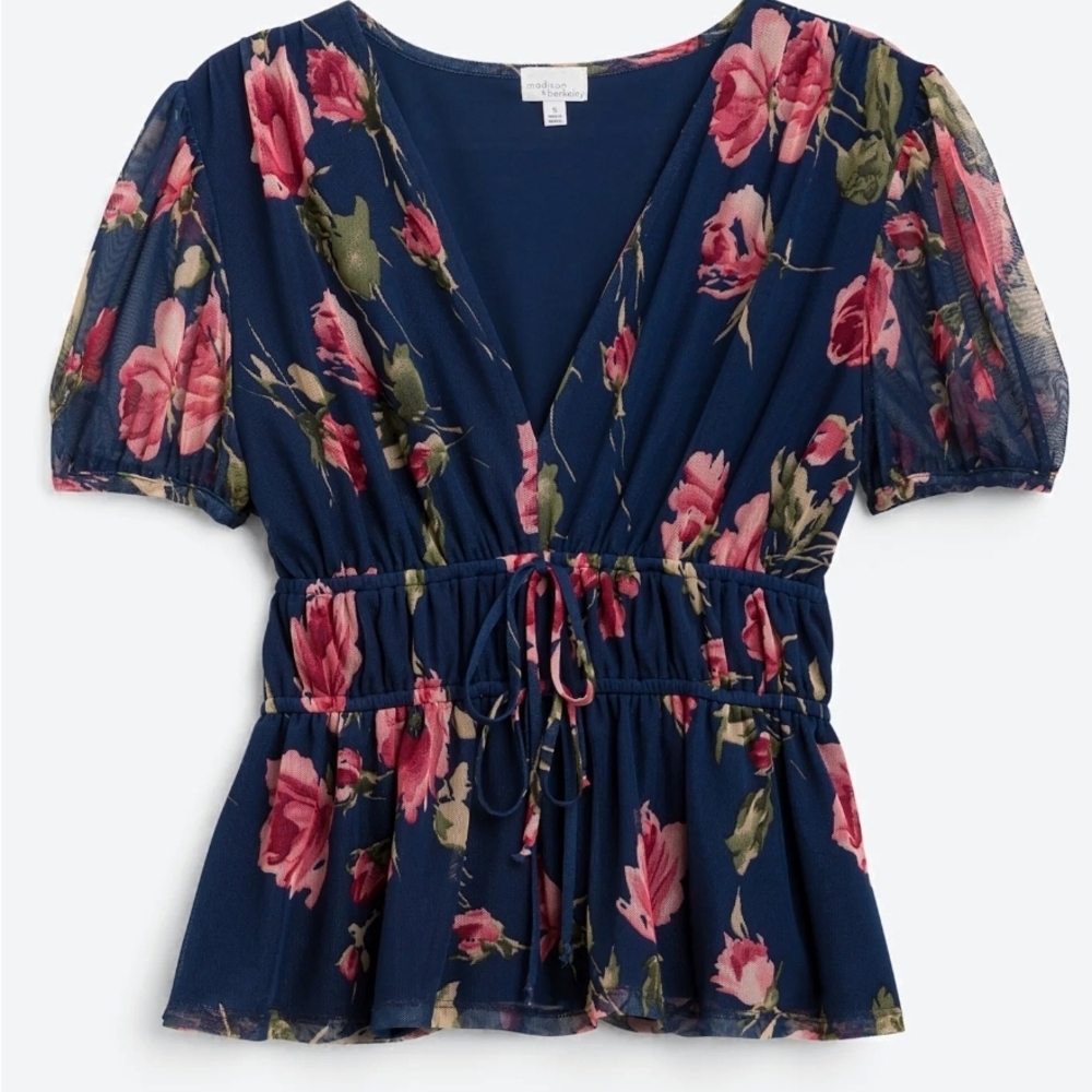 Stitch Fix "Madison & Berkeley" Blue Puff Sleeve Peplum Floral Blouse EUC Size M
